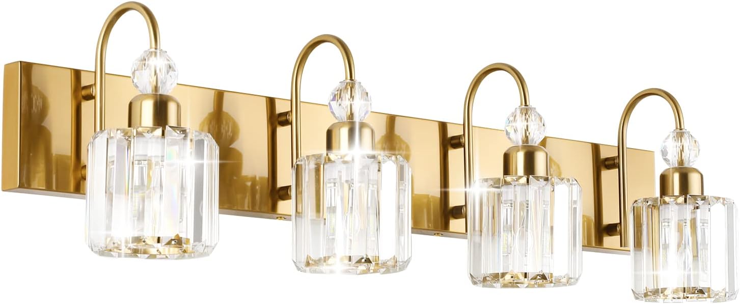 RALBAY 4‑Light Brass Gold Crystal Vanity Light (31.5")